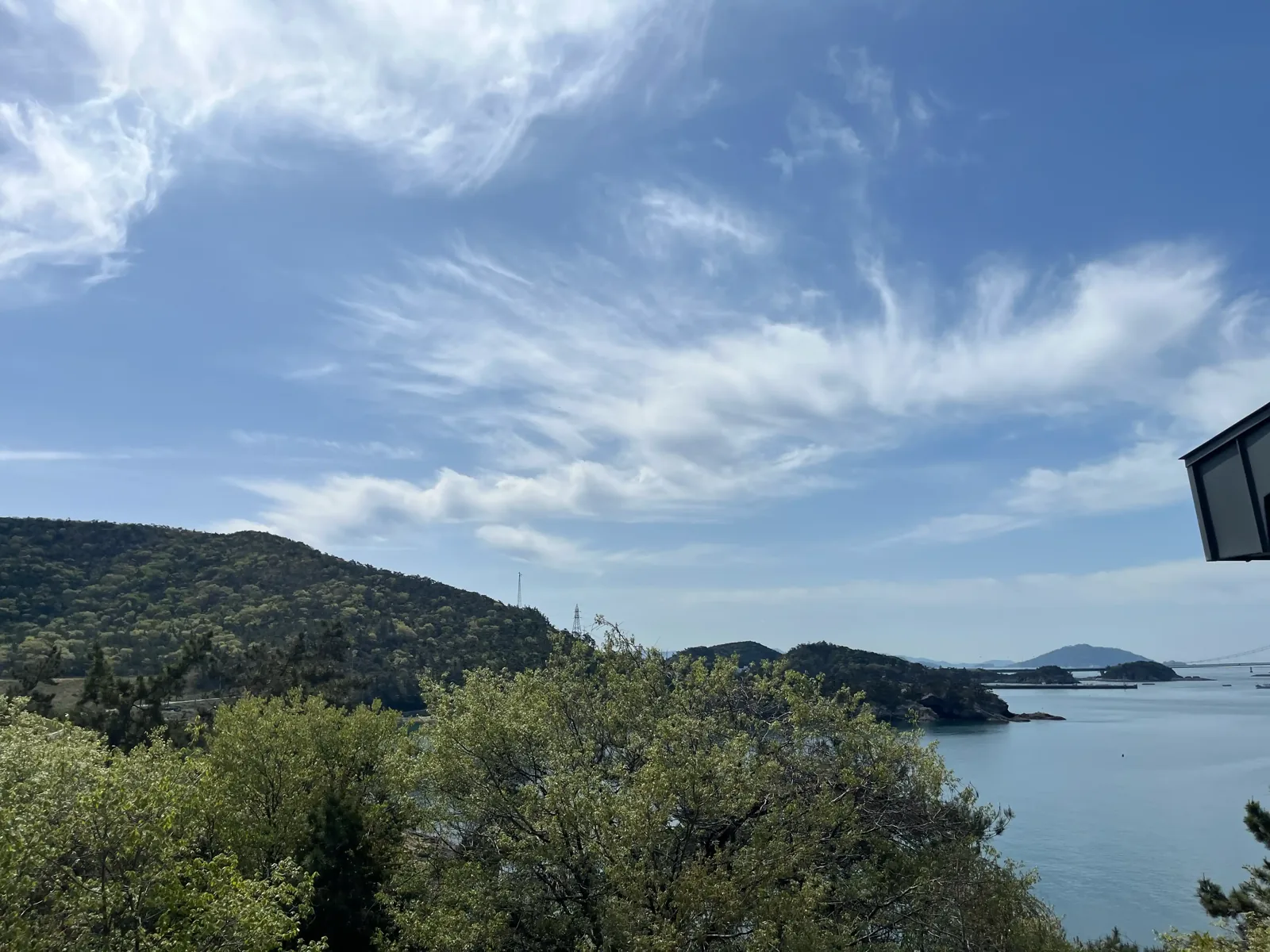 새잎이 돋은 나무 너머로 보이는 능선과 바다, 멀리 걸린 다리