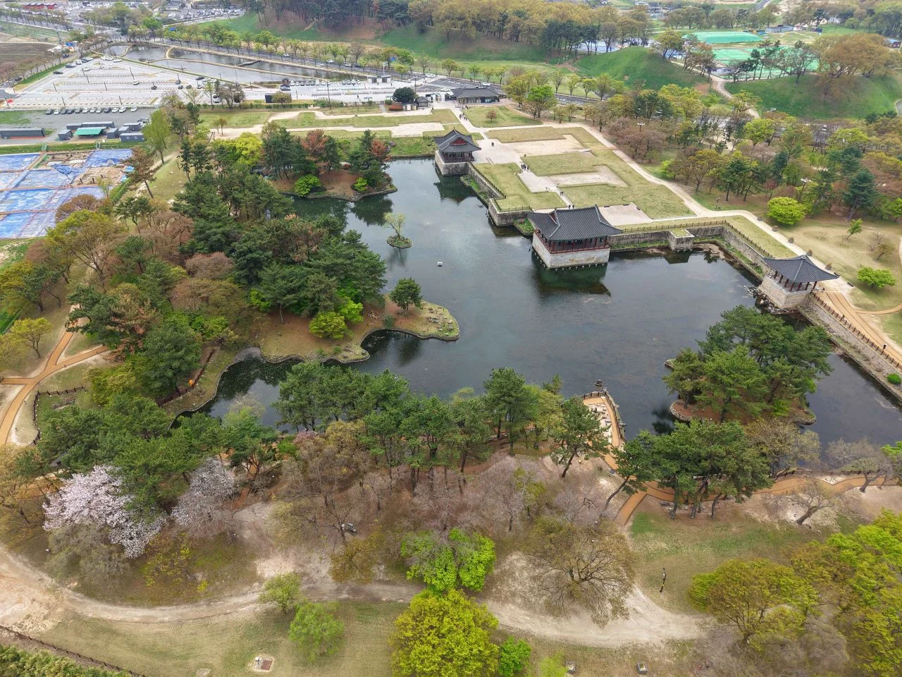 慶州皇理団路の伝統韓屋カフェと花畑の風景