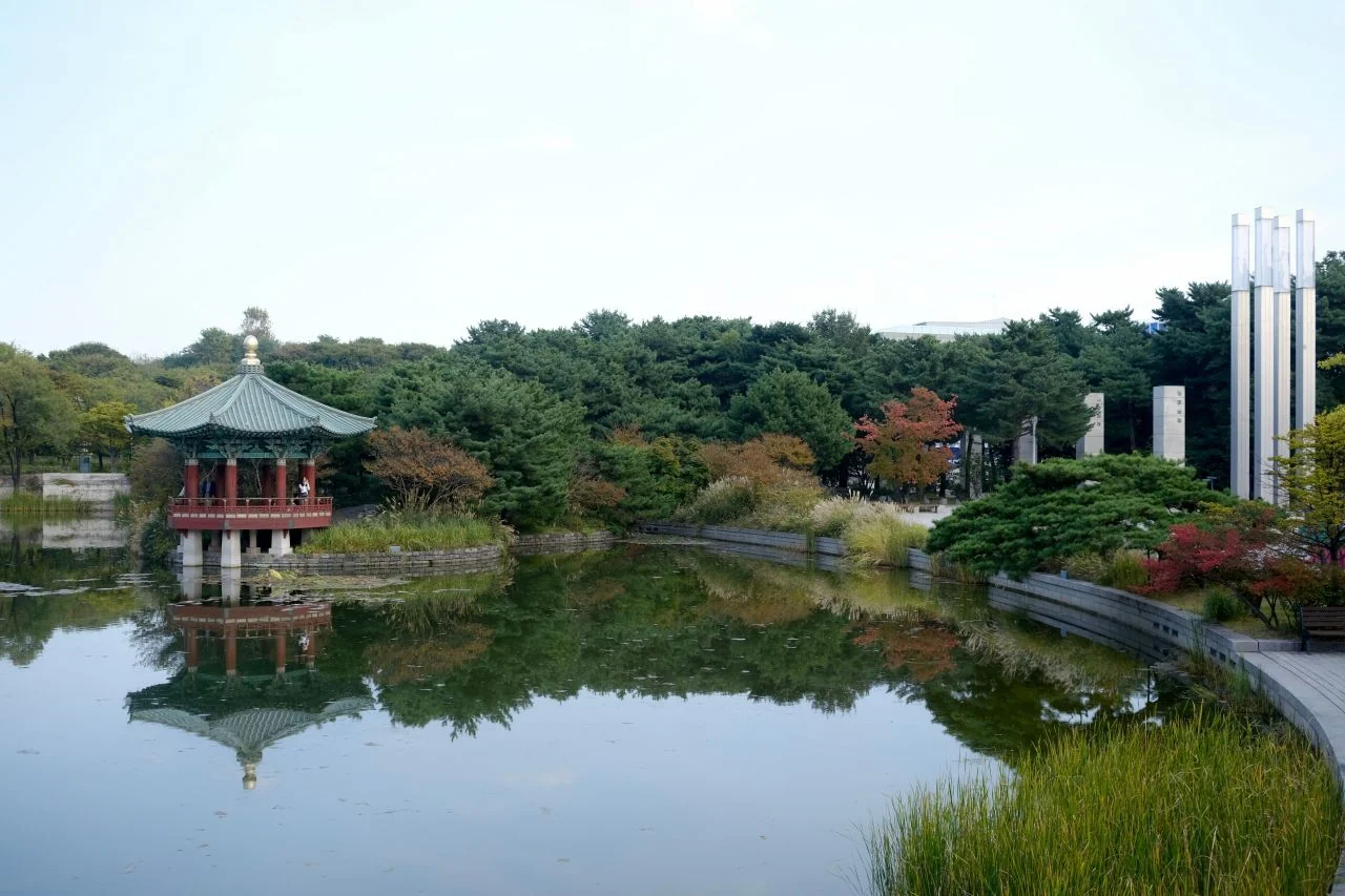 용산 국립중앙박물관 열린마당 프레임 너머로 보이는 남산서울타워 실루엣 전경